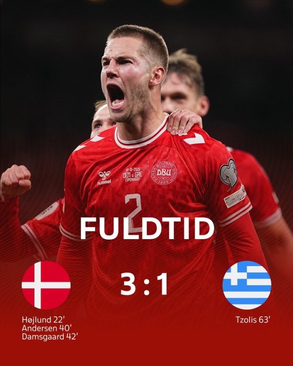Denmark defeated Greece 3-1 in the World Cup preliminaries, Hoylen scored and Damas passed and shot
